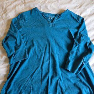 LL Bean Teal Notched Neck 3/4 Sleeves Cotton Plus Size 2X
